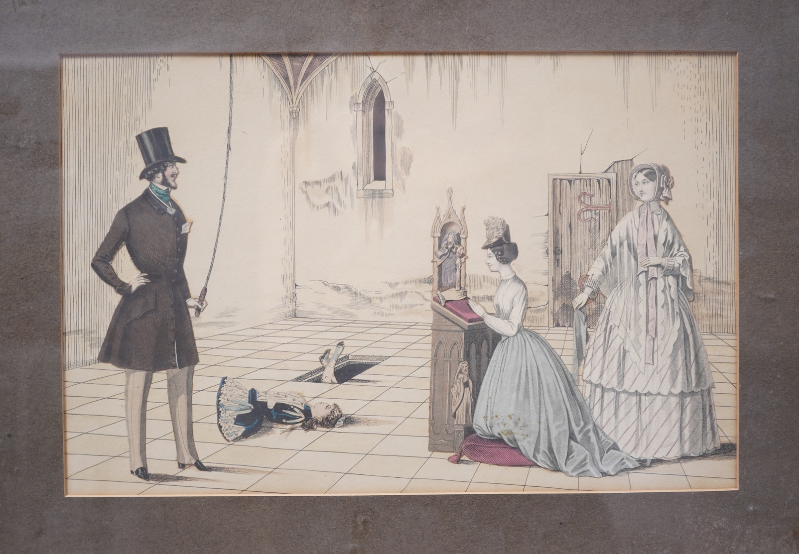 English School, 19th century, Church interior with figures
